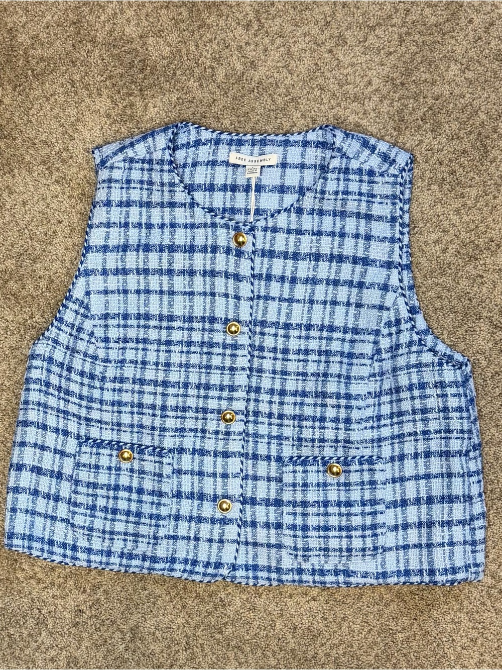 Free Assembly Blue Tweed Vest NWT Size Large | Sleeveless | Preppy | Chic | Gold - Picture 2 of 9